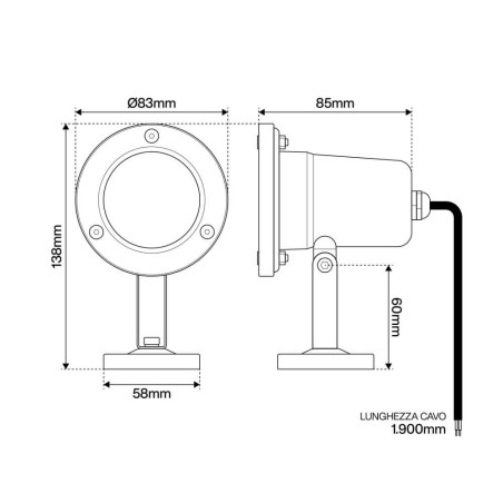 FARO AD IMMERSIONE PER PISCINE E FONTANE IP68 CON PORTALAMPADA GU5.3 A BASSA TENSIONE (12V/24V)