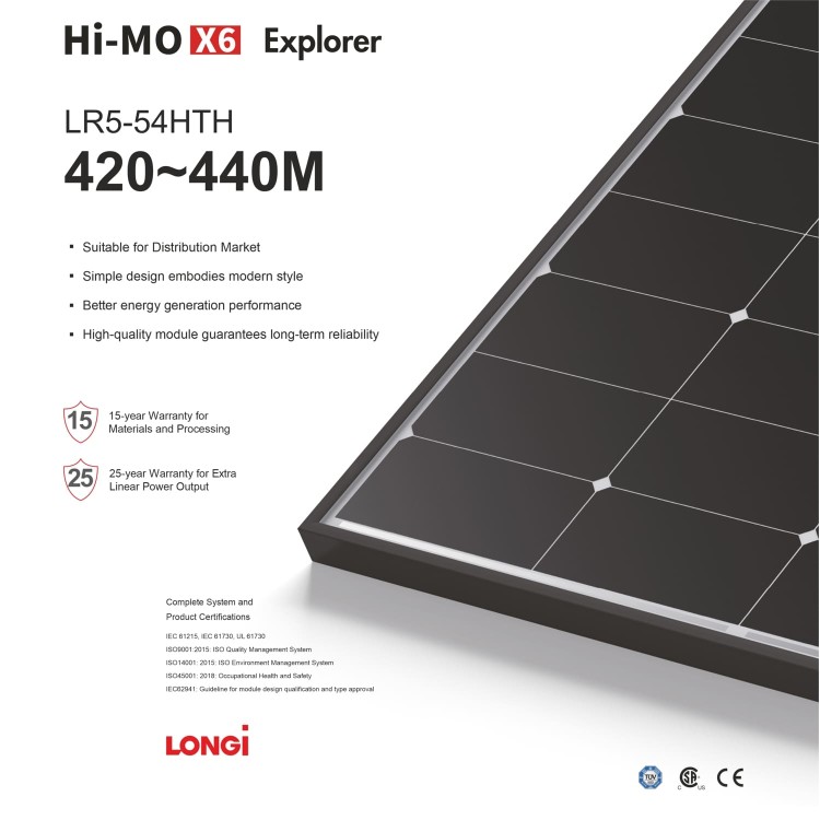 MODULO FV LONGI SOLAR Hi-MO X6 EXPLORER LR5-54HTH-440M – MODULO FOTOVOLTAICO MONOCRISTALLINO 440 W