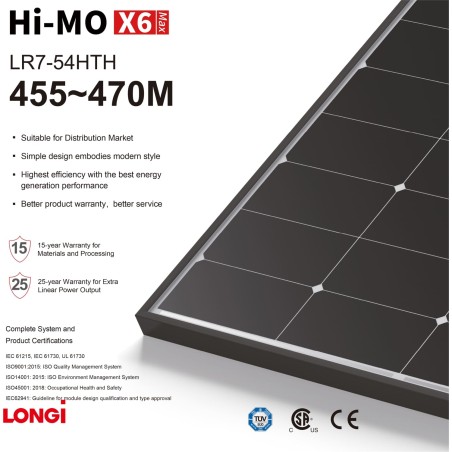 MODULO FV MONOCRISTALLINO 460W LONGI SOLAR LR7-54 HTH 460M-E Explorer HIMOX6 MAX (Black Frame+White Backsheet)