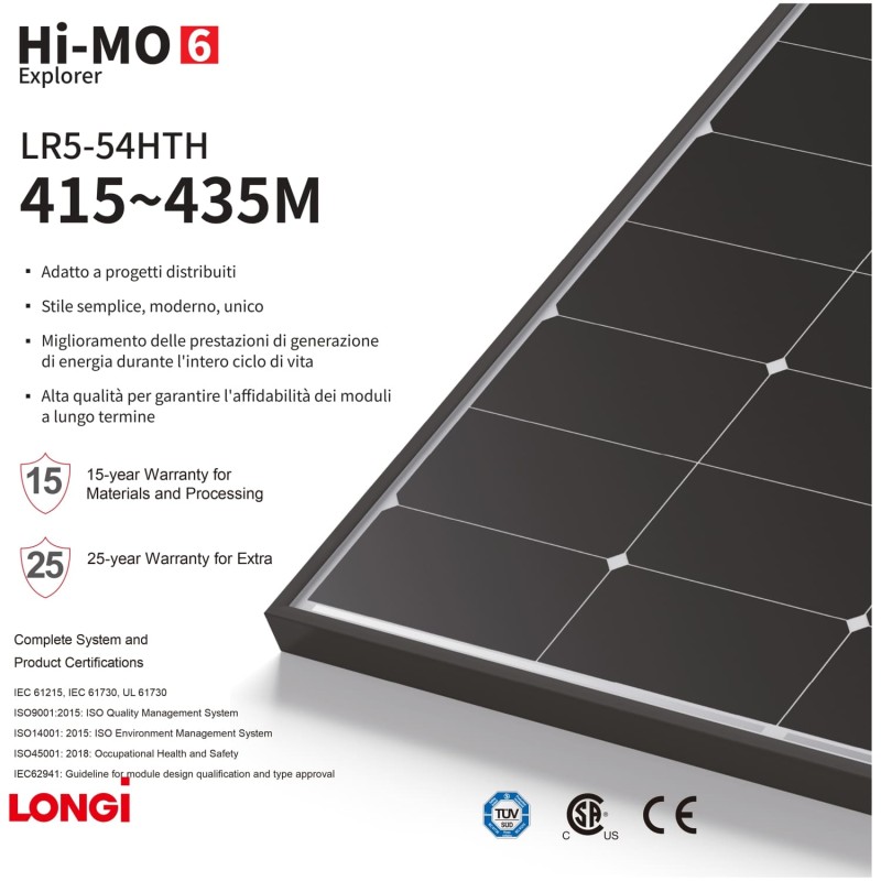 MODULO FOTOVOLTAICO MONOCRISTALLINO 430 W LONGI SOLAR HI-MO 6M EXPLORER LR5-54HTH-430M BLACK FRAME