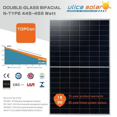 MODULO FOTOVOLTAICO MONOCRISTALLINO 445 W BIFACCIALE ULICA SOLAR UL-445M-108BDGN DG Bifaciale Silver frame