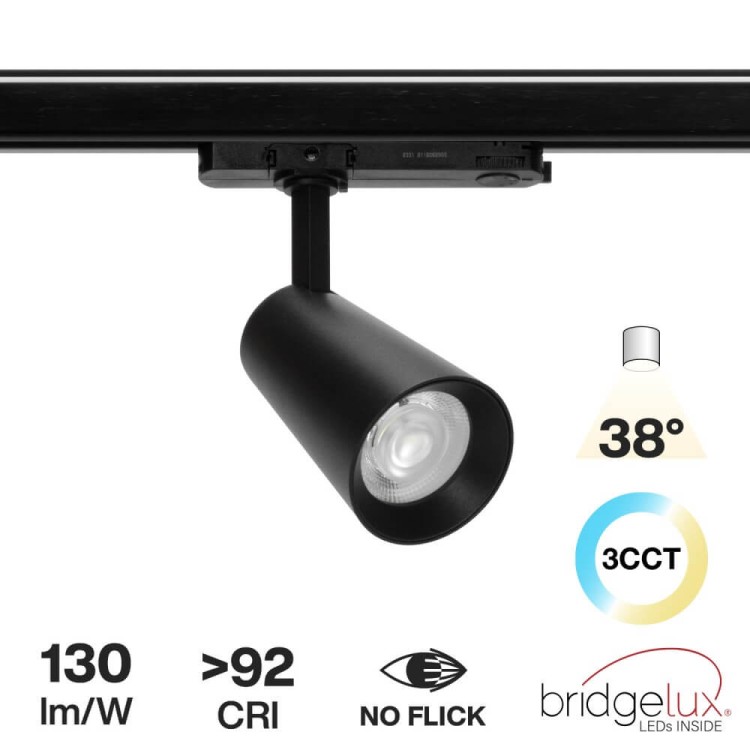 Faro LED 30W Trifase Nero CRI92 CCT Bianco Variabile 38° Bridgelux LED